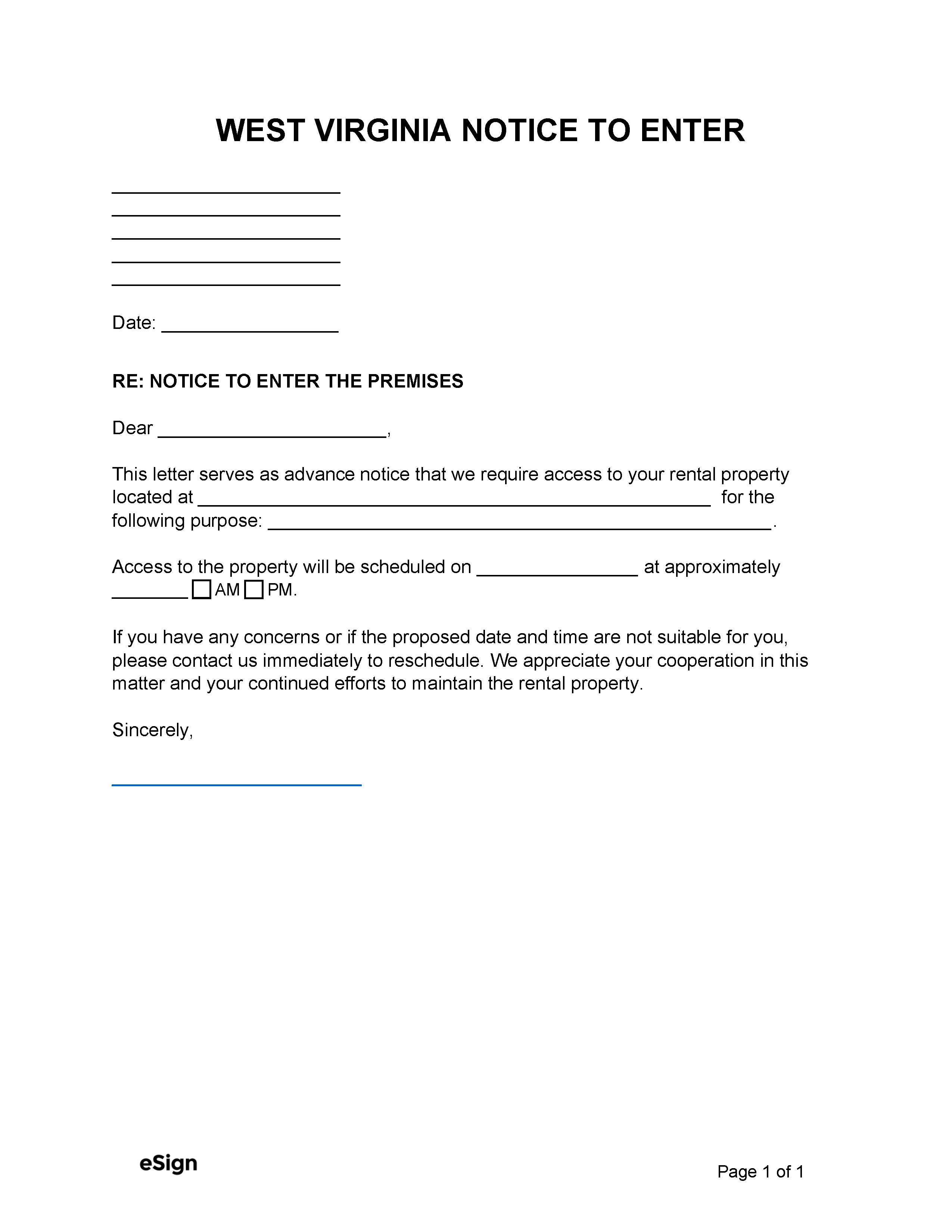 Free West Virginia Landlord Notice to Enter PDF Word