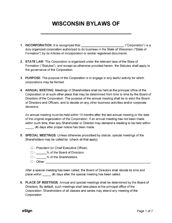 Free Wisconsin Corporate Bylaws Template PDF Word