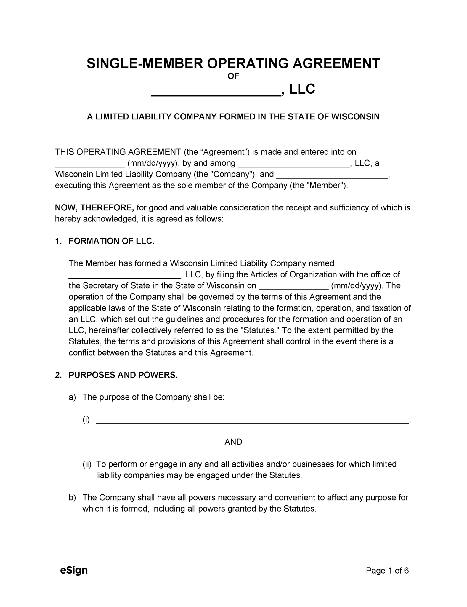 Free Wisconsin LLC Operating Agreement Template PDF Word