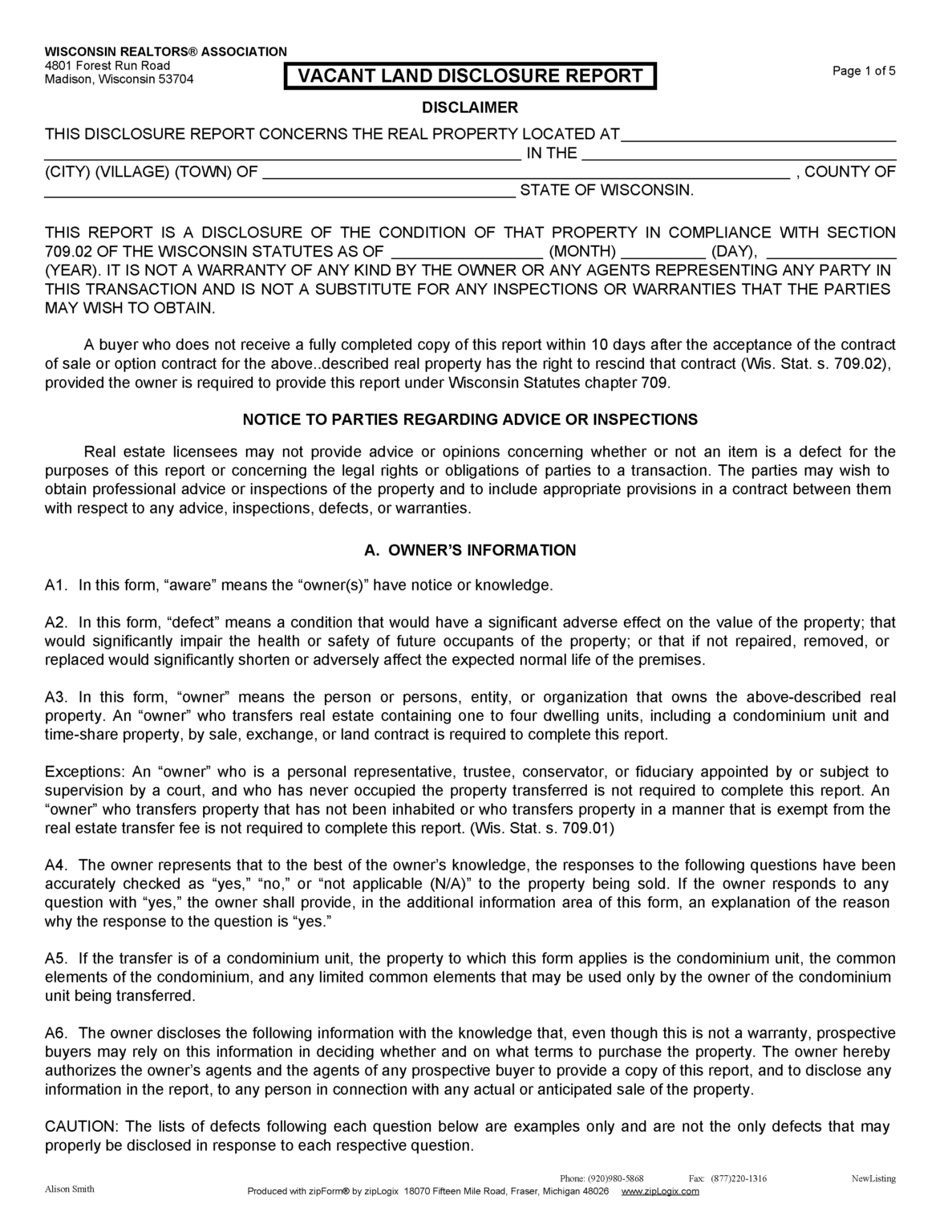 Free Wisconsin Property Disclosure Statement PDF