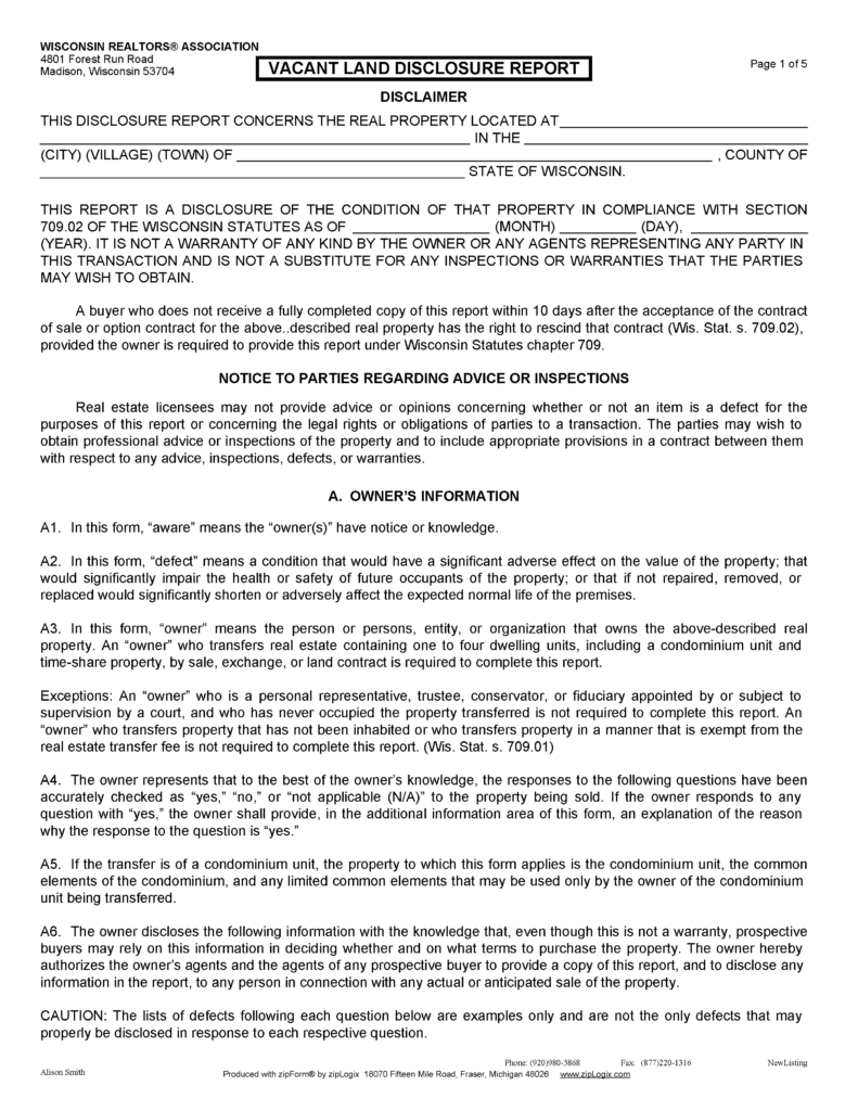 Free Wisconsin Property Disclosure Statement PDF