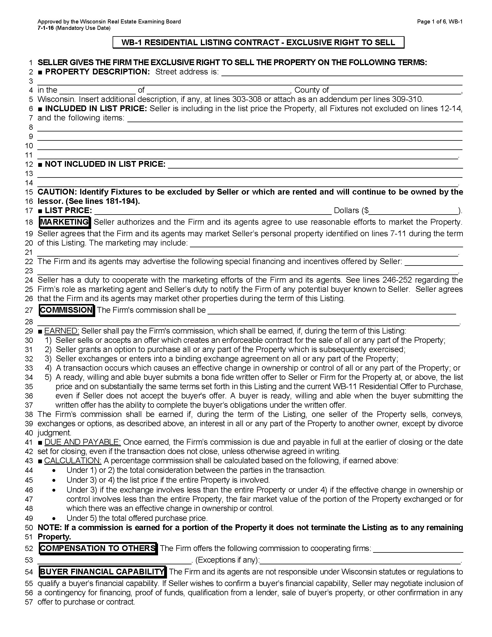 Free Wisconsin Real Estate Listing Agreement PDF Word