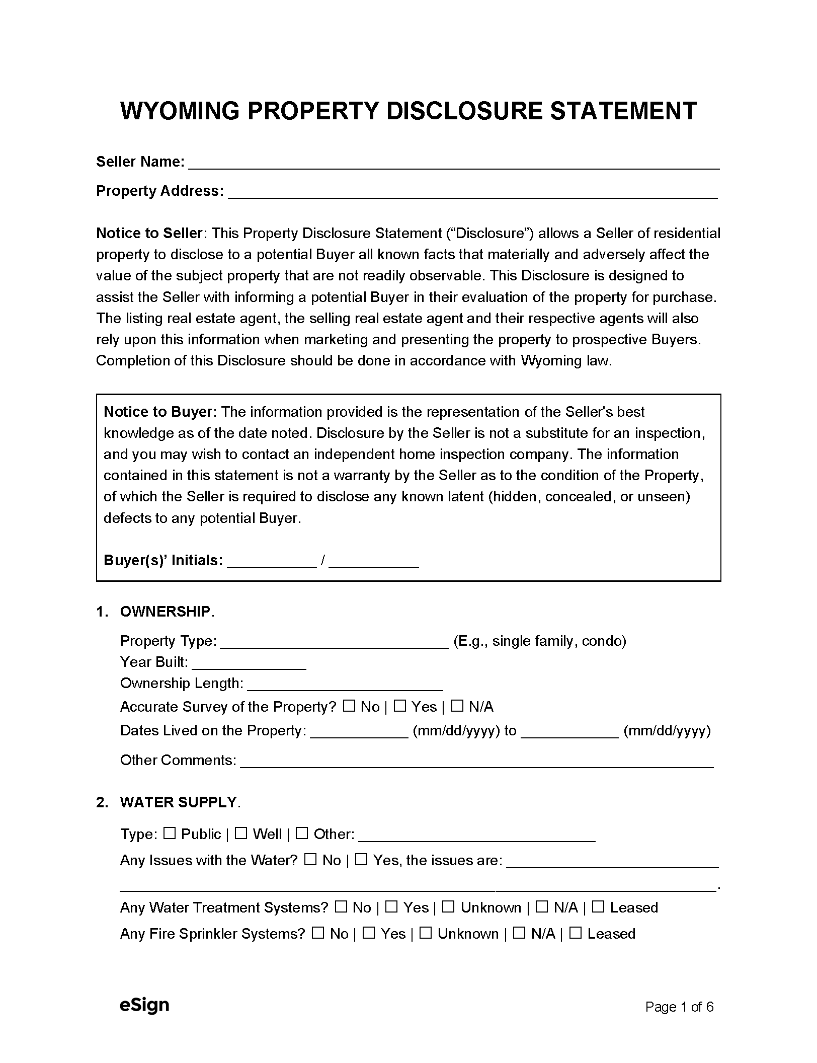 Free Wyoming Property Disclosure Statement PDF Word