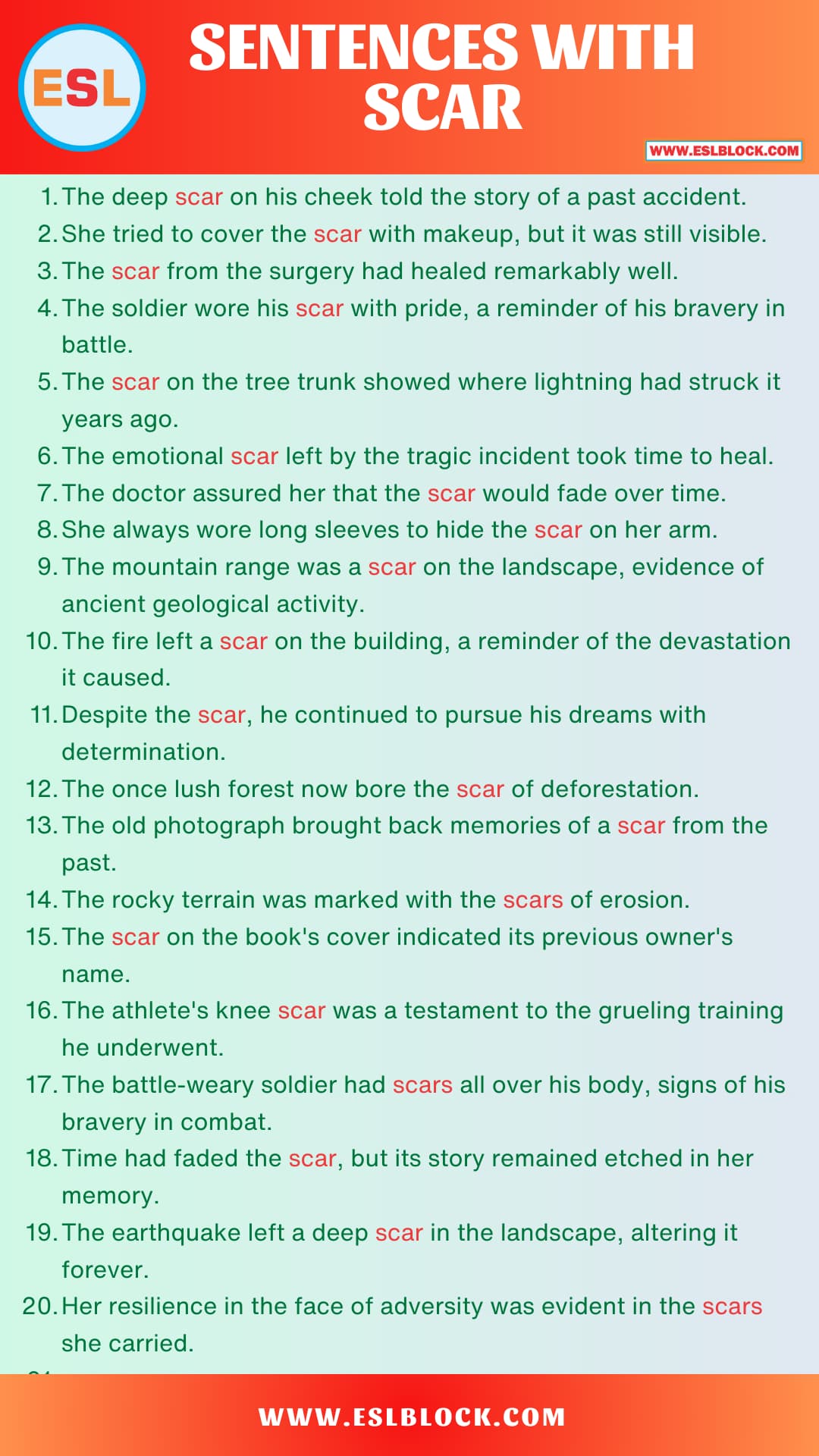 What is another word for Scar? Example Sentences with Scar English