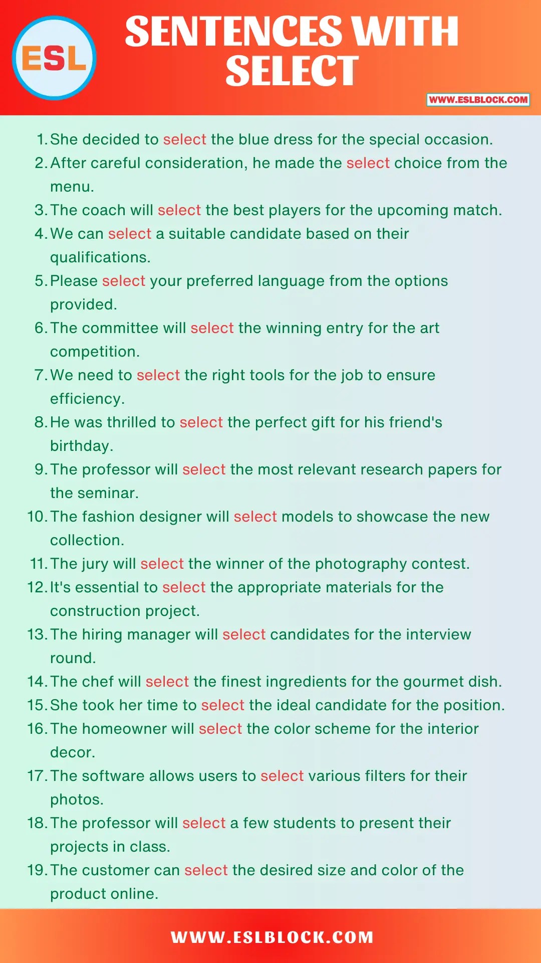 What is another word for Select? Example Sentences with Select