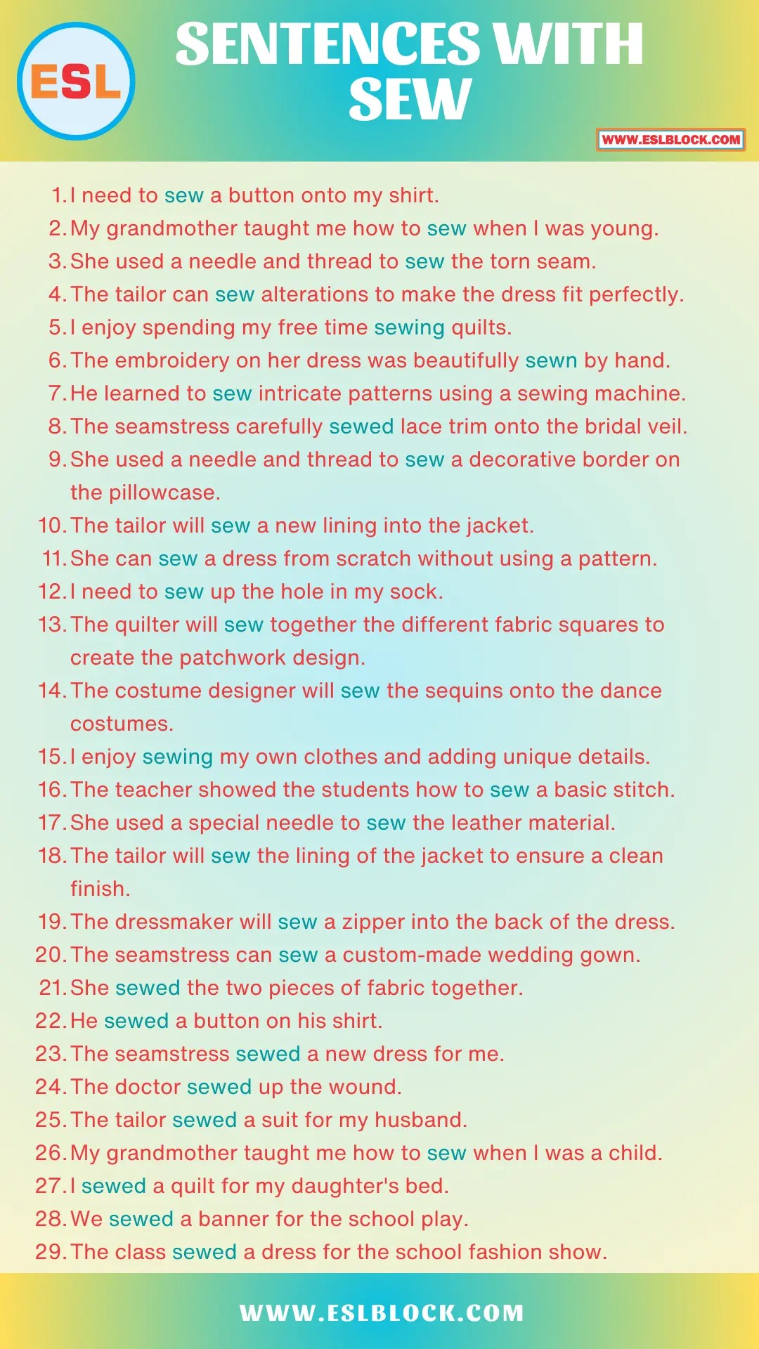 What is another word for Sew? Example Sentences with Sew English as