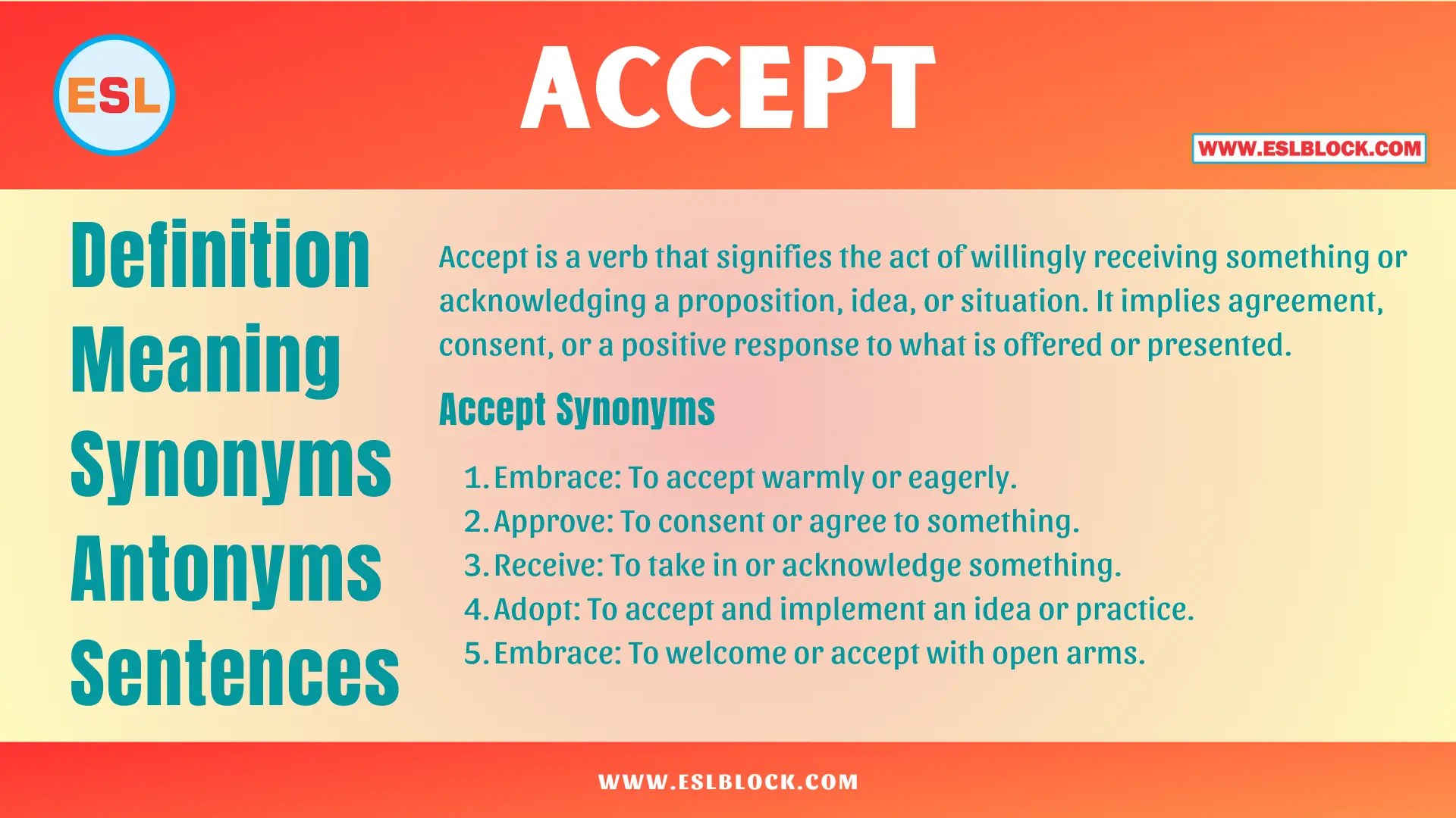Accept Definition, Meaning, Synonyms, Antonyms, Sentences English as
