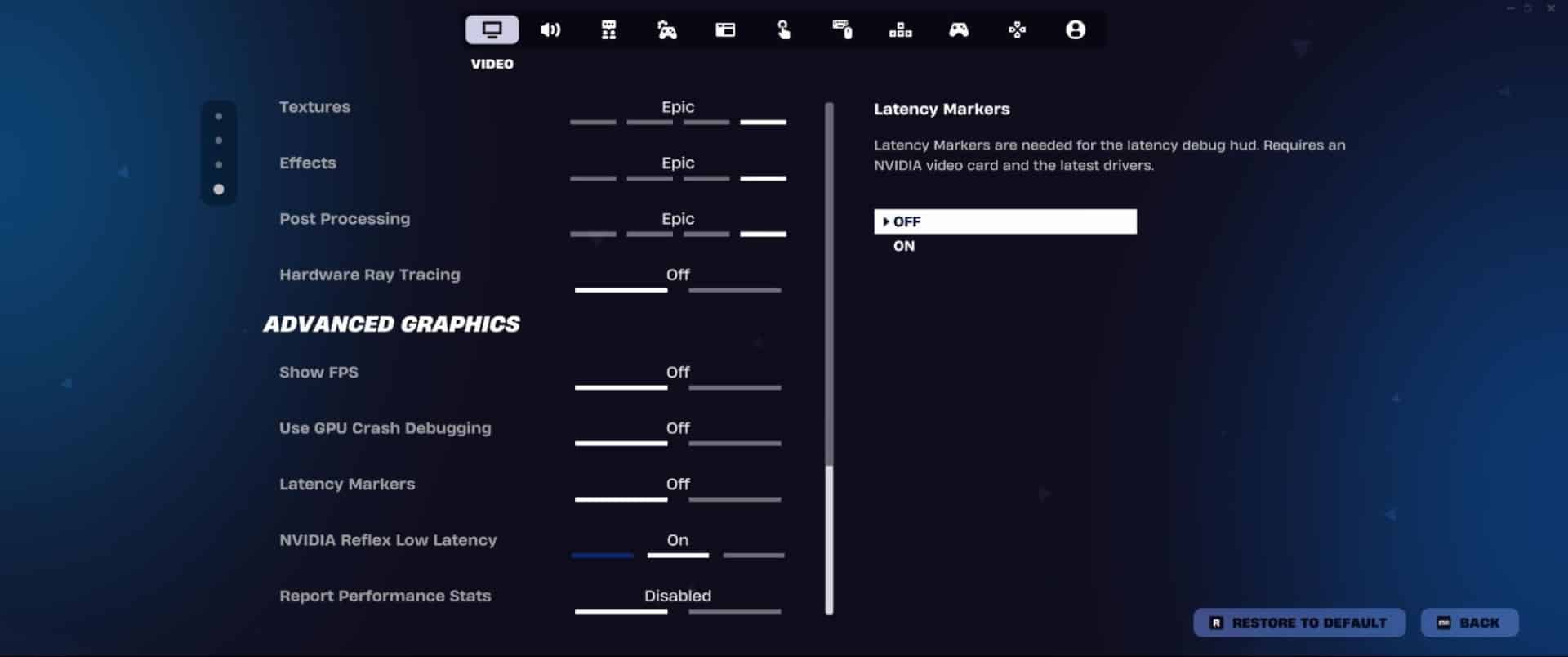 Fortnite settings screen showing advanced graphics options. Textures, Effects, Post Processing set to Epic, Ray Tracing Off, NVIDIA Reflex Low Latency On