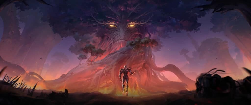 A robotic figure stands before a massive, ethereal tree with glowing eyes in a twilight forest, emanating an aura of mystery.