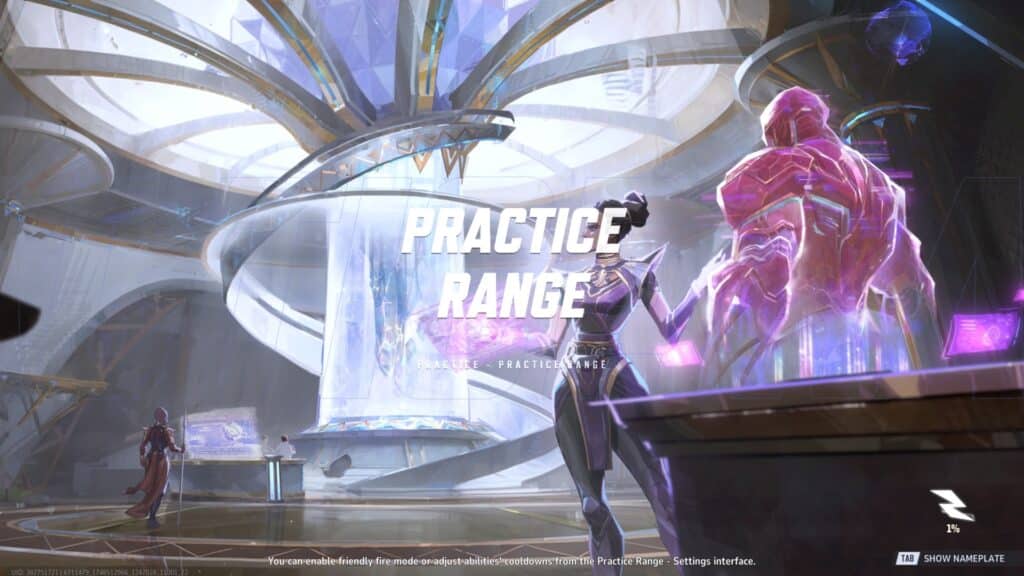 A futuristic training arena featuring a character interacting with a holographic figure, labeled