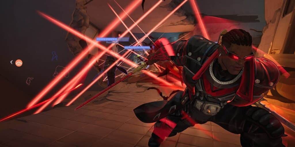 Blade in red and black armor dashes forward, surrounded by red energy beams