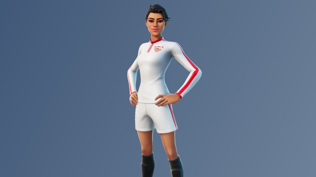 Derby Dominator Fortnite skin wearing a white soccer uniform with red accents.