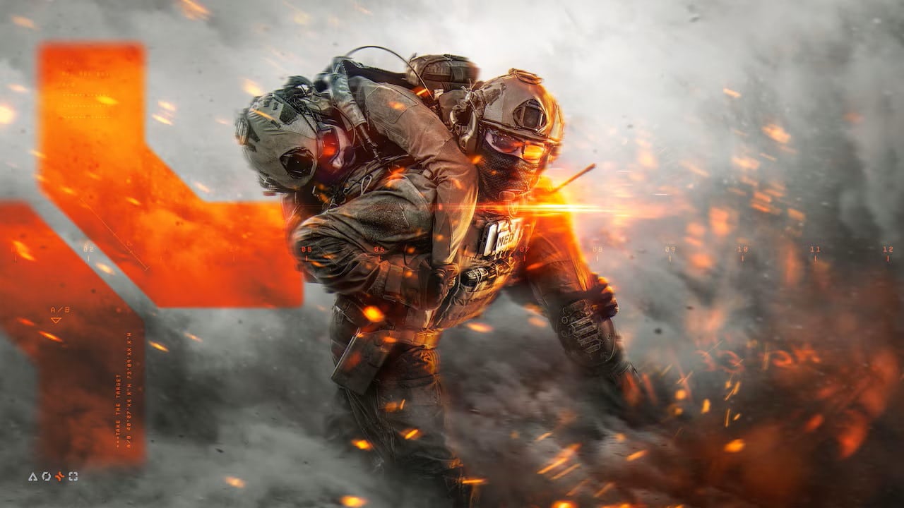 A soldier in tactical gear runs through a fiery, smoky battlefield in Battlefield 6