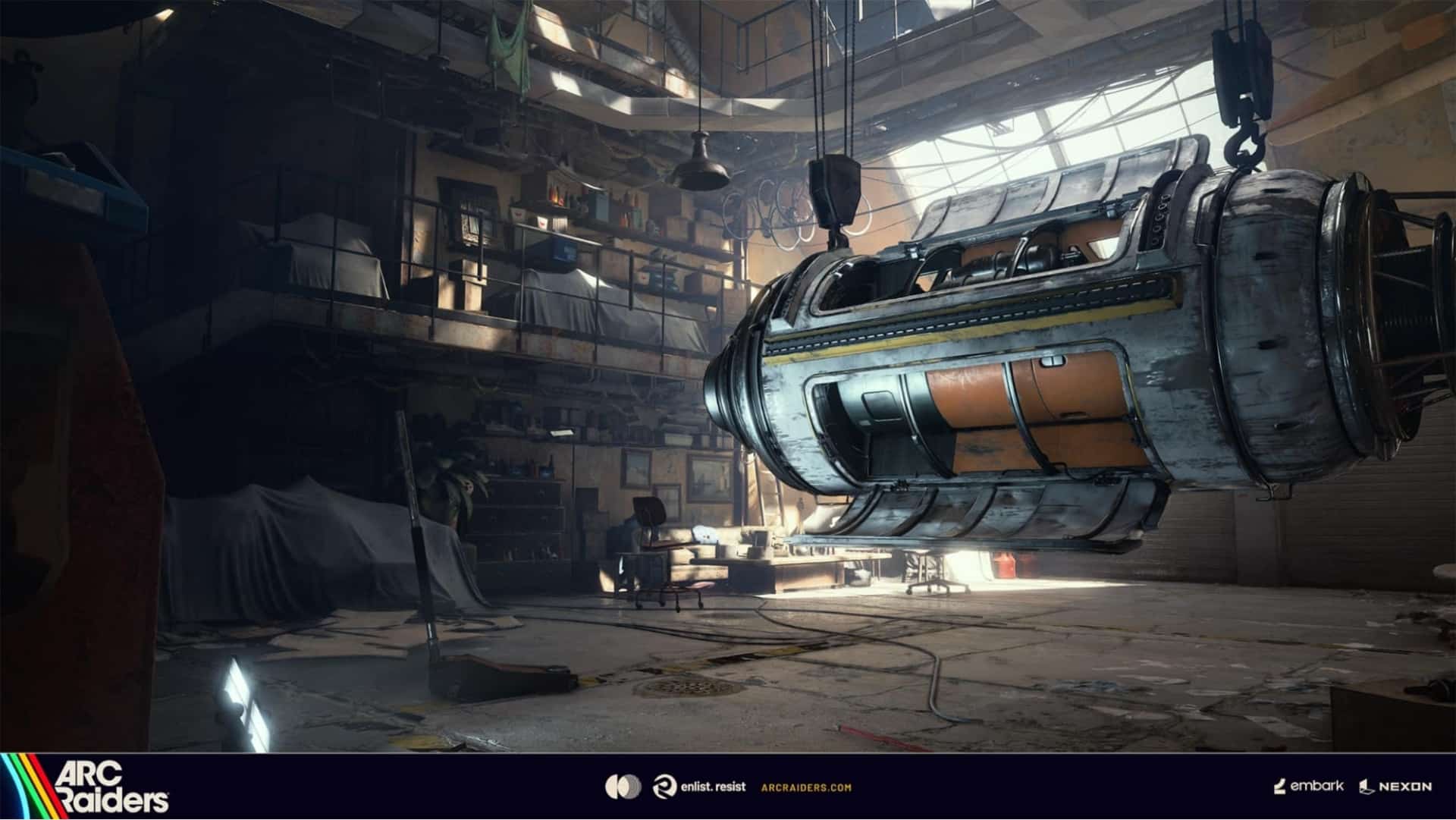 Warehouse with a high ceiling and industrial feel, featuring a large suspended cylindrical machine in Arc Raiders