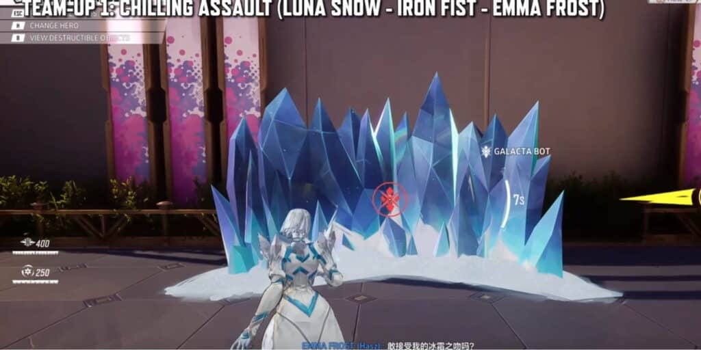 Marvel Rivals game scene features Emma Frost facing a large crystalline ice wall