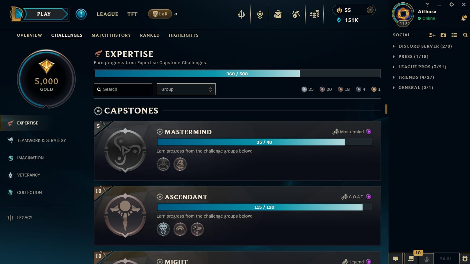 A screenshot of the League of Legends client Challenges tab, showing the player's progress in various categories like Expertise, Capstones, Teamwork & Strategy, Imagination, Veterancy, Collection, Ascendant, GOAT, and Legacy