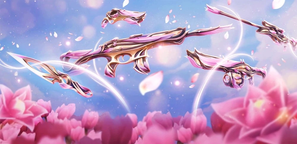 An image of the Mystbloom Collection weapon skins from the game Valorant, featuring several elegant, pink and gold, floral-themed firearms and a kunai-style melee weapon set against a bright, cloudy sky with pink flower petals