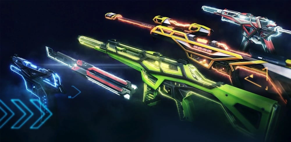 An image of the RGX 11z Pro Collection weapon skins from the game Valorant, featuring several futuristic firearms and a butterfly knife, displayed with bright green, yellow, and blue neon lights highlighting the designs