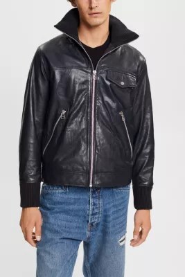 Shop the Latest in Men's Fashion Leather jacket with rib knit collar