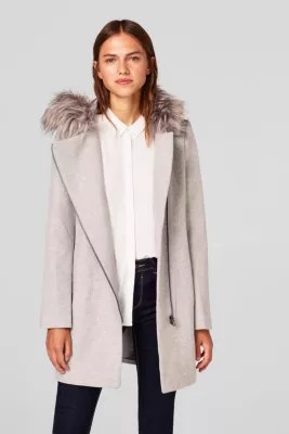 Esprit Mit Wolle Mantel mit Zipper und FellKapuze im Online Shop kaufen