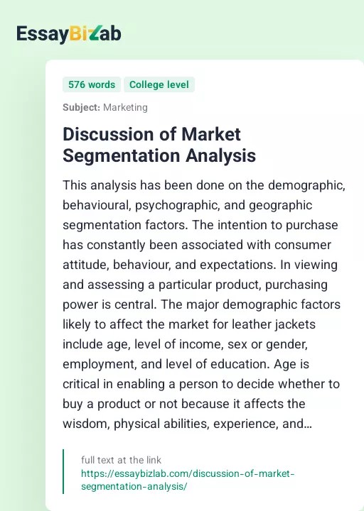 Discussion of Market Segmentation Analysis Business Essay Example
