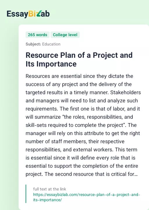 Resource Plan of a Project and Its Importance
