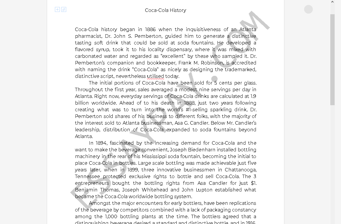 CocaCola History [Essay Example], 532 words EssayPay