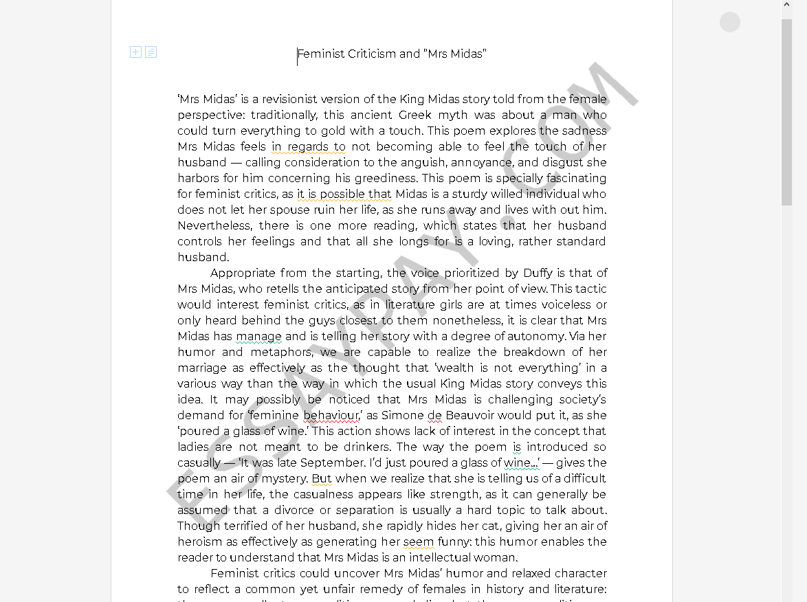 Feminist Criticism and 'Mrs Midas' 881 Words