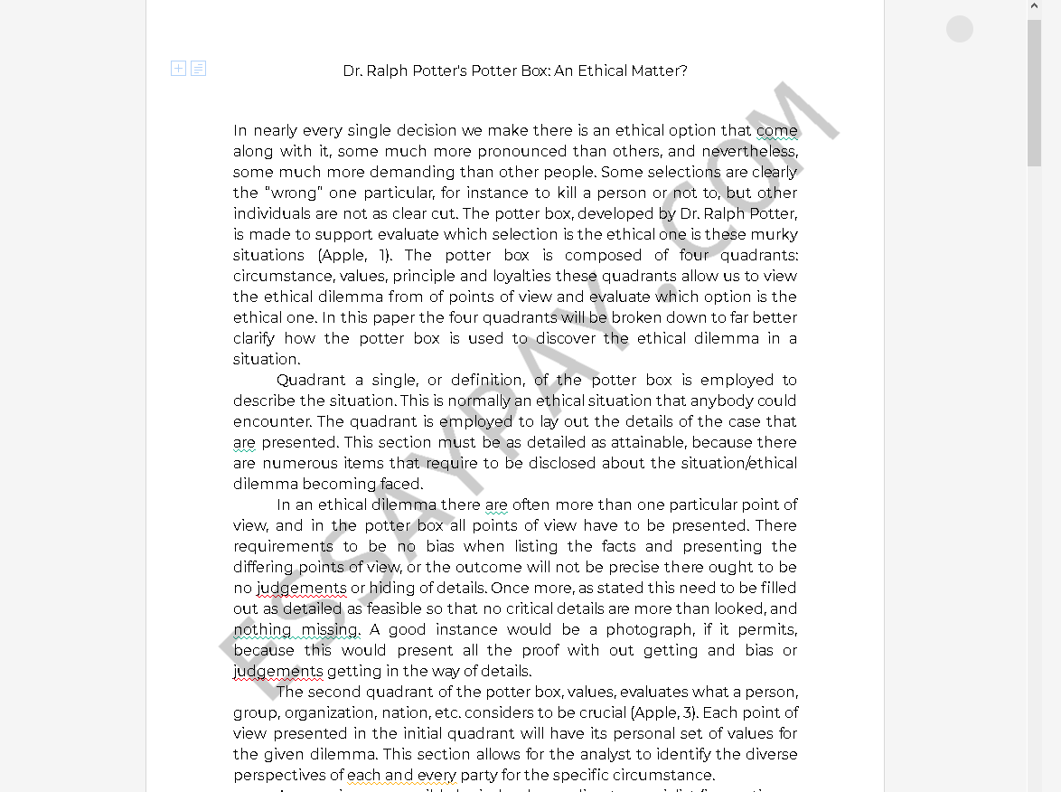 Dr. Ralph Potter's Potter Box An Ethical Matter? [Essay Example