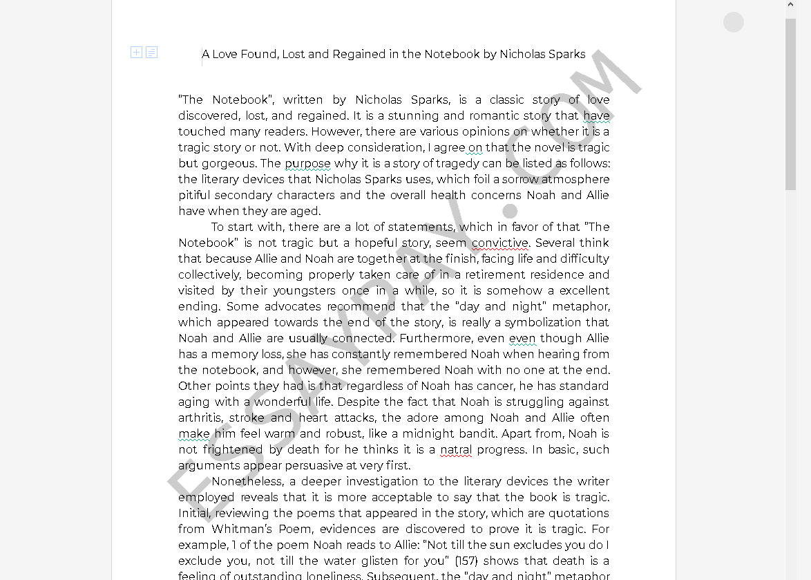 A Love Found, Lost and Regained in the Notebook by Nicholas Sparks [Essay Example], 1150 words