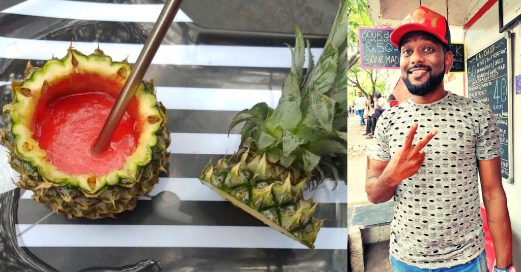 “Eat Raja”A zerowaste juice shop serves the fruit juices inside the