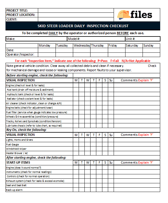 Skid Steer Daily Inspection Checklist Construction Documents And