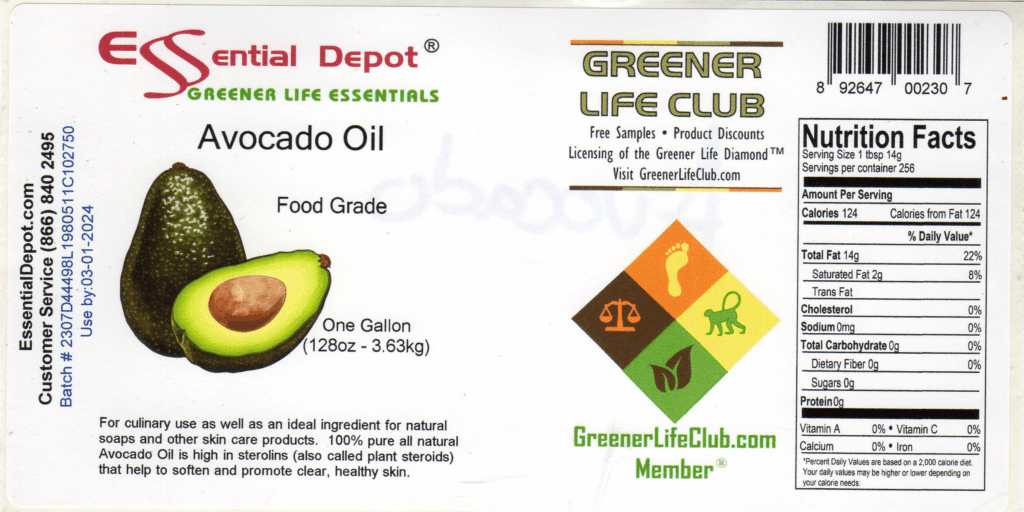 Avocado Oil Gallon Jug for Essential Depot assigned 02/23/2022 800