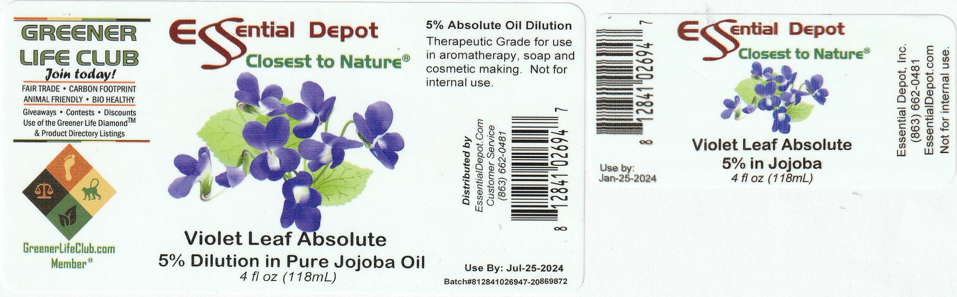 Violet Leaf Essential Oil 5 Dilution in Pure Jojoba 4oz Amber Glass