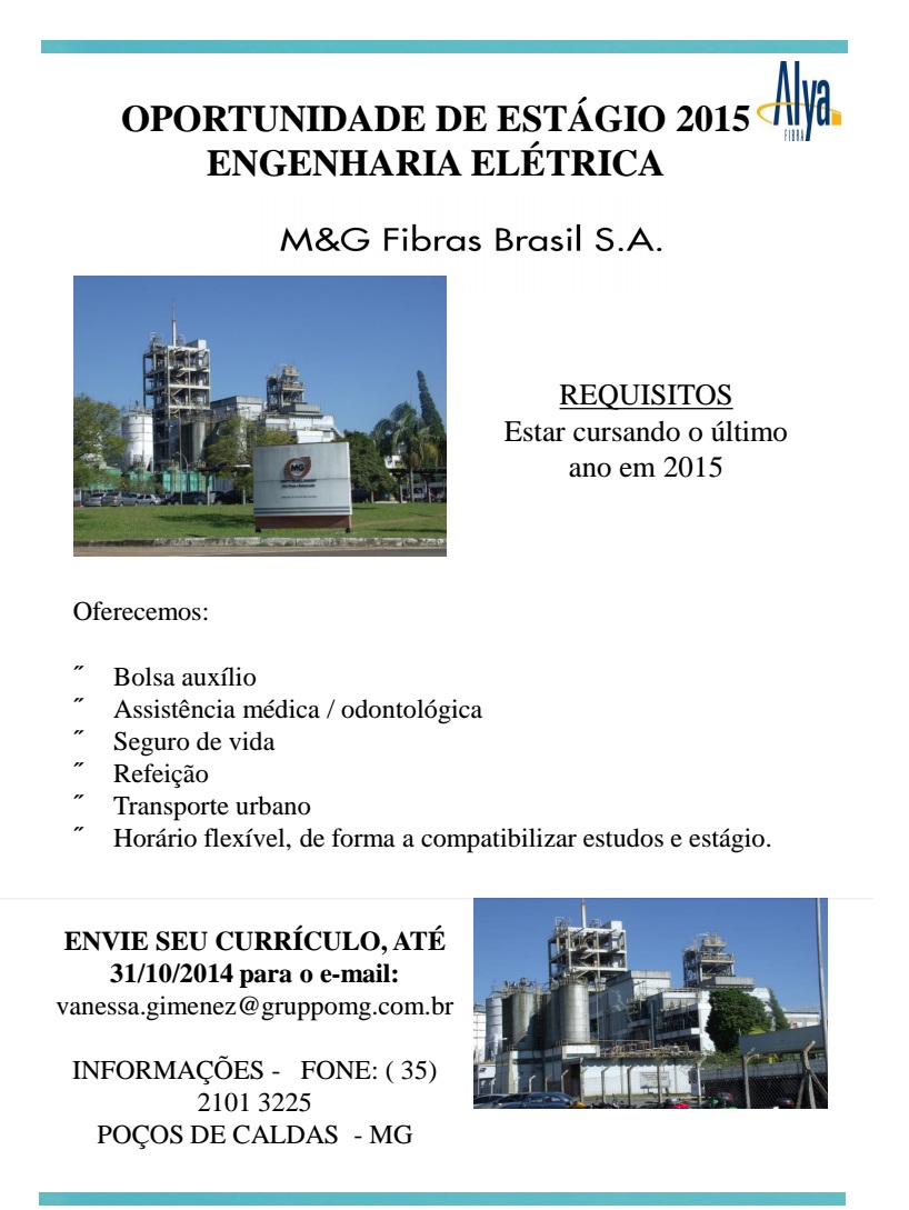 Oportunidade de Estágio para alunos do curso de Engenharia Elétrica