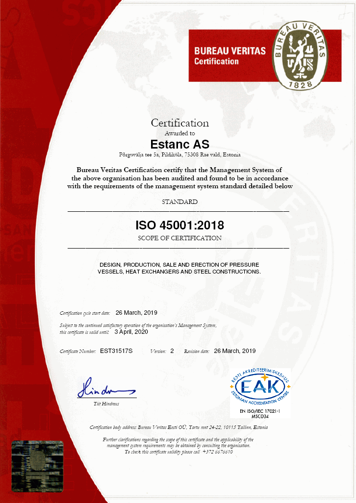Estanc receives ISO 45001 2018 Occupational Health and Safety