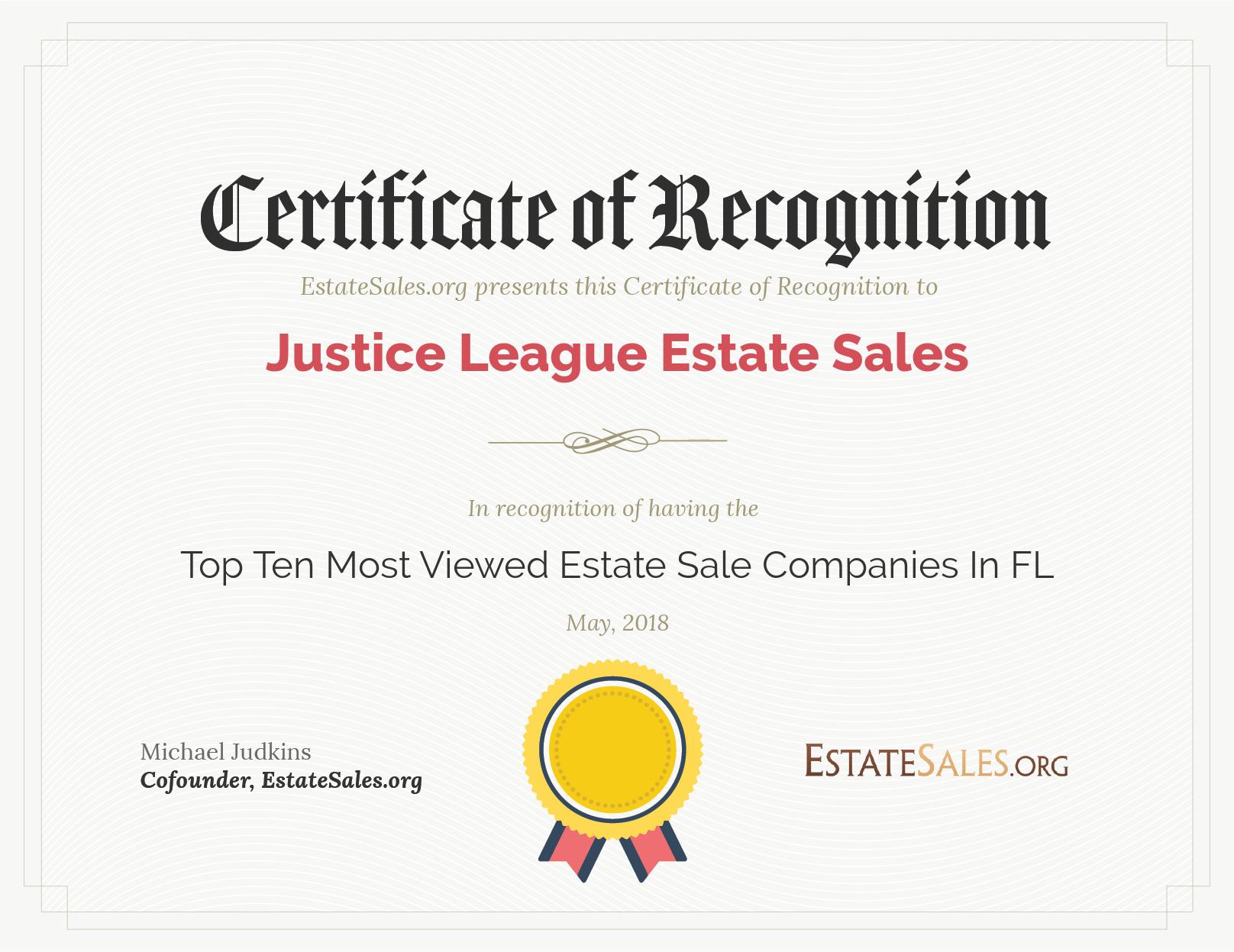 May, 2018 Award Winners Justice League Estate Sales