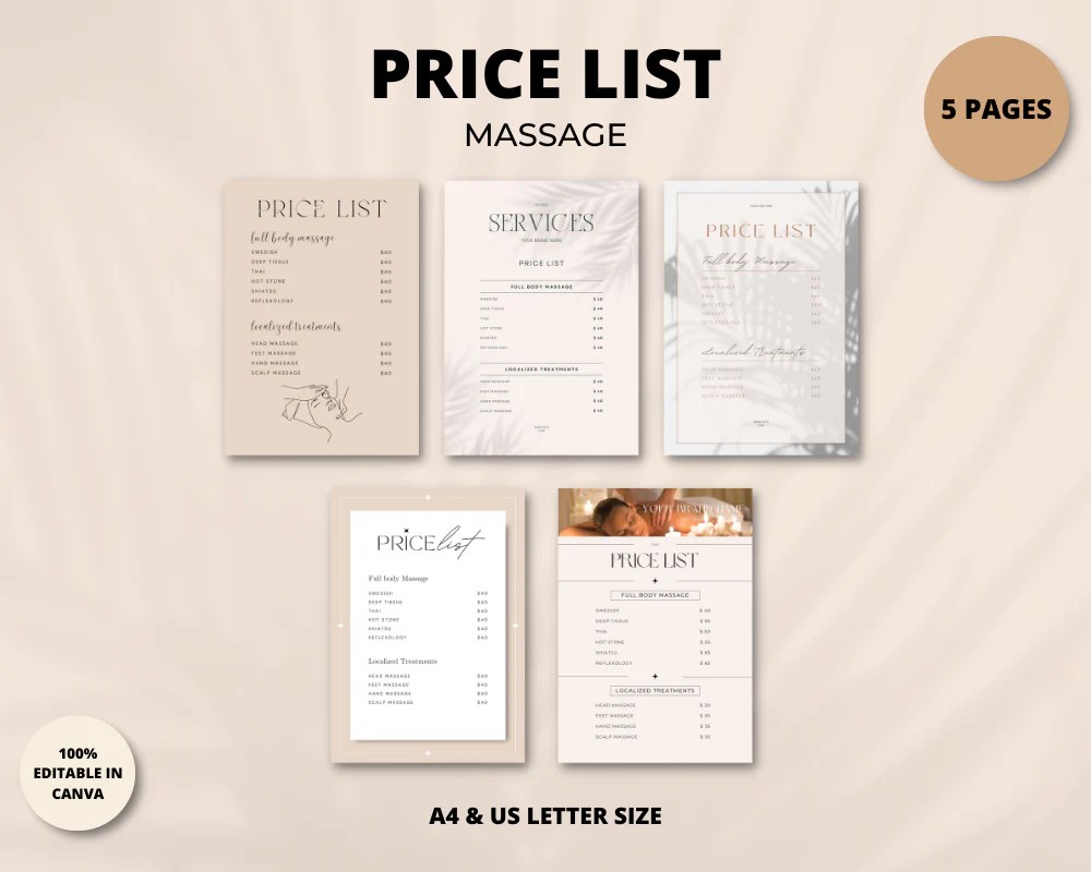 PRICE LIST Massage ESTHETICIANSPACE