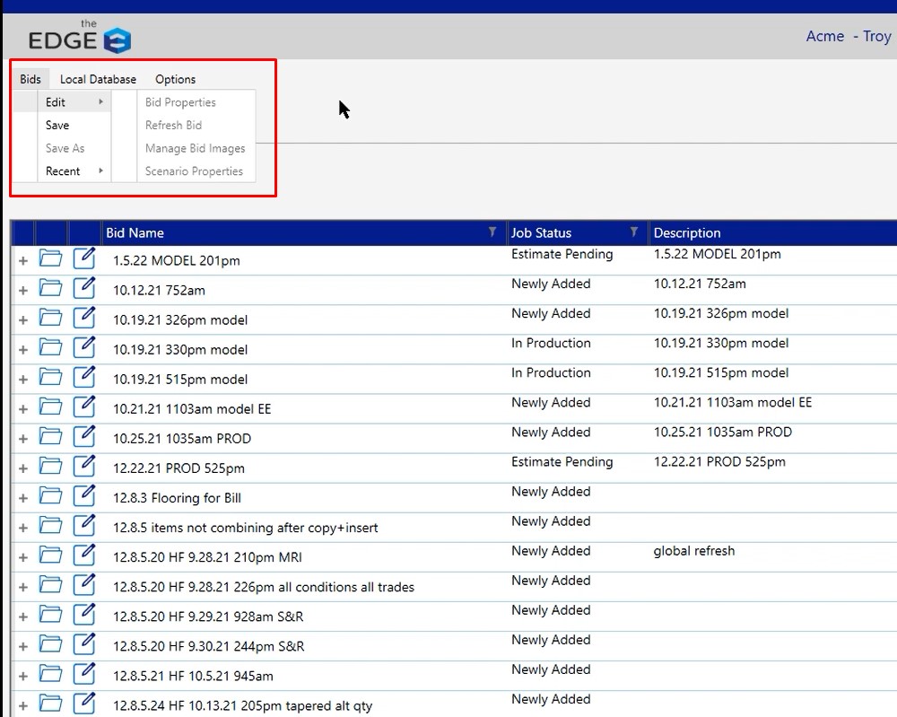 Bid Grid Overview Estimating Edge