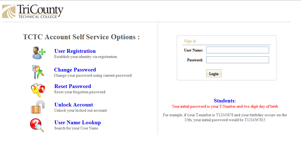 TriCounty Technical College Student Password Change