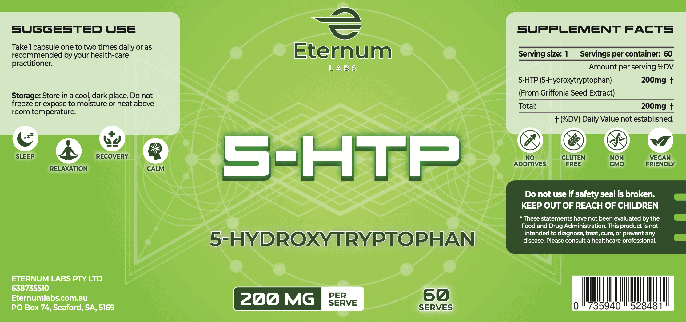 5HTP 5Hydroxytryptophan 200mg Capsule Eternum Labs