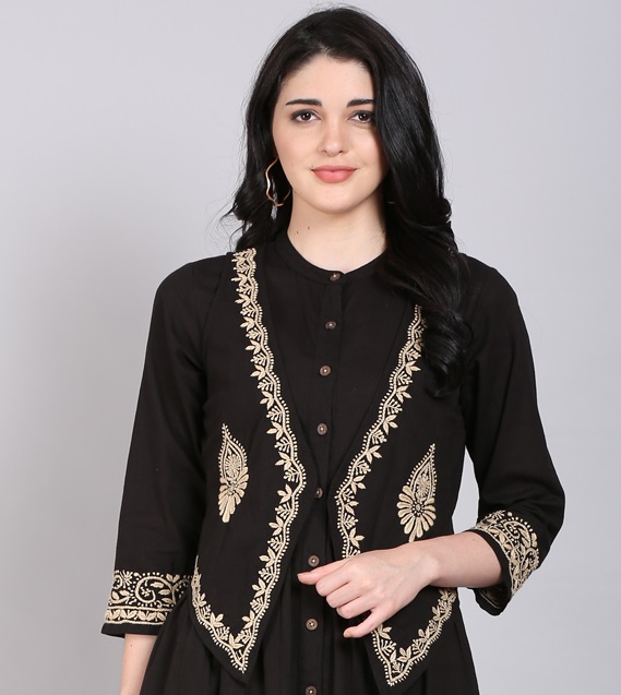 Black sleeveless lucknowi chikankari waistcoat Ethnic and Beyond