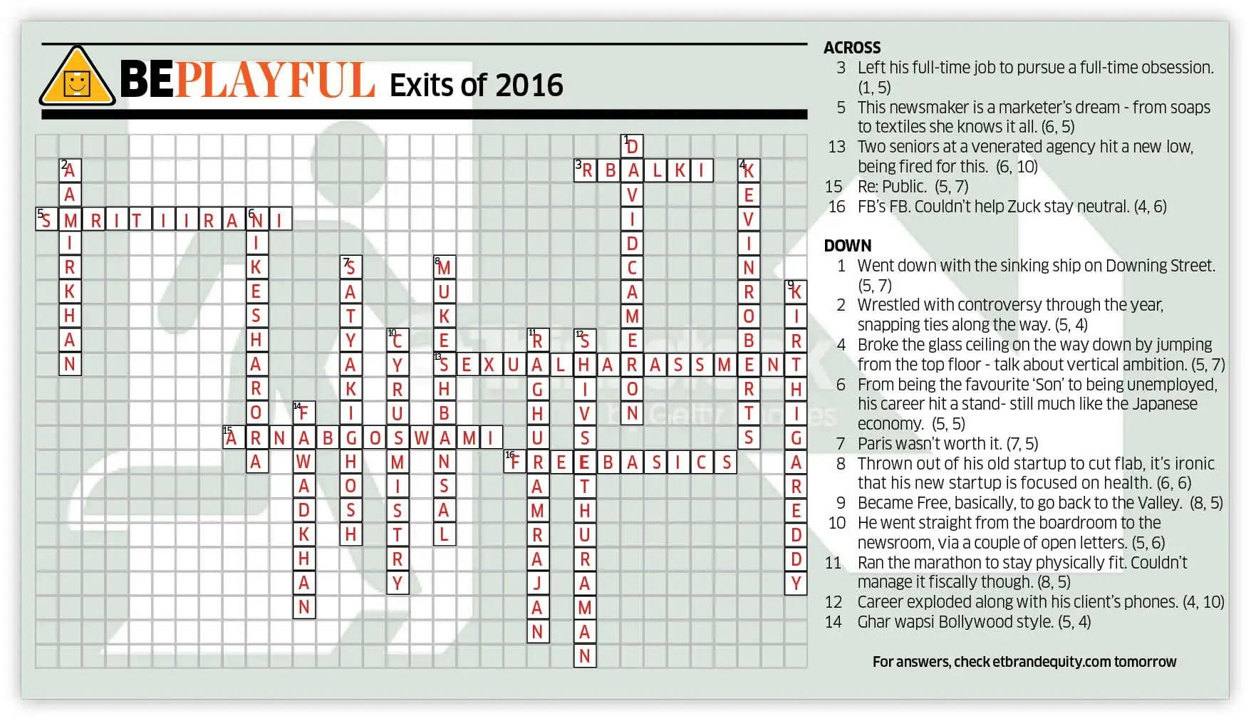 Answers To Beplayful Exits Of 2016: Crossword Puzzle, Marketing & Advertising News, Et Brandequity