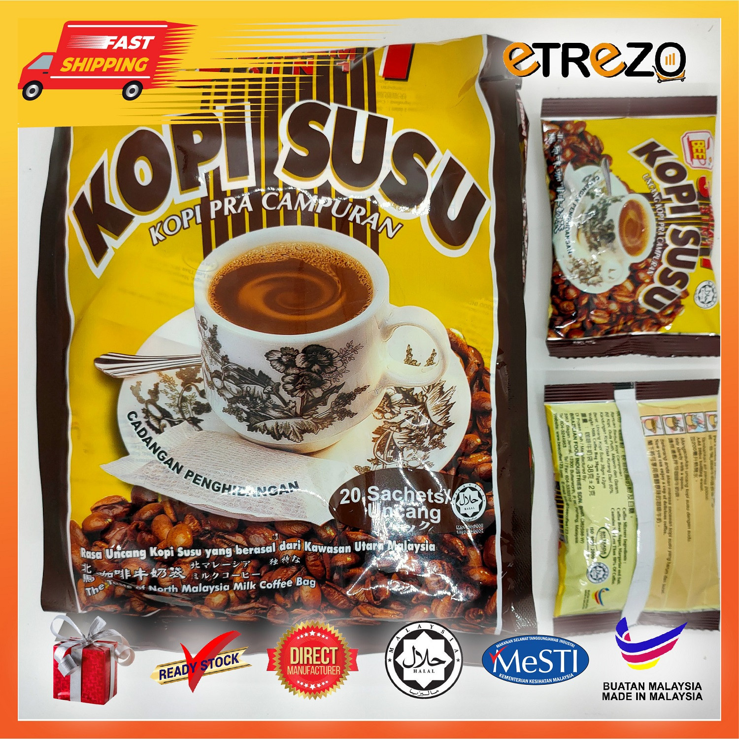BEE PENANG 3 IN 1 KOPI SUSU (1 Bag 38g x 20’s ) Ready