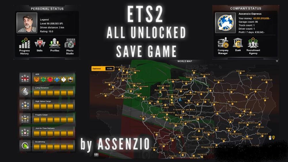 ALL UNLOCKED SAVE GAME 1.2X ETS2 mods Euro truck simulator 2 mods