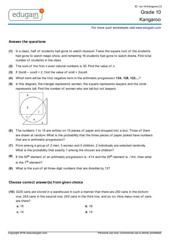 Grade 10 Kangaroo Math Competition Preparation, Online Practice