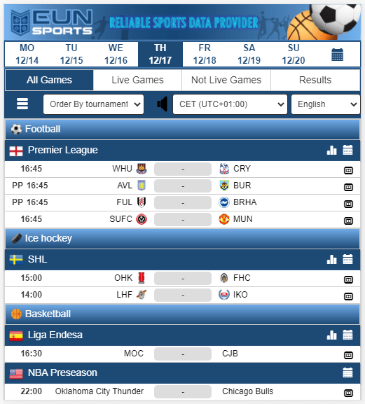 Sports Data XML Feed & API, Livescores, Standing, Fixtures EUNSports