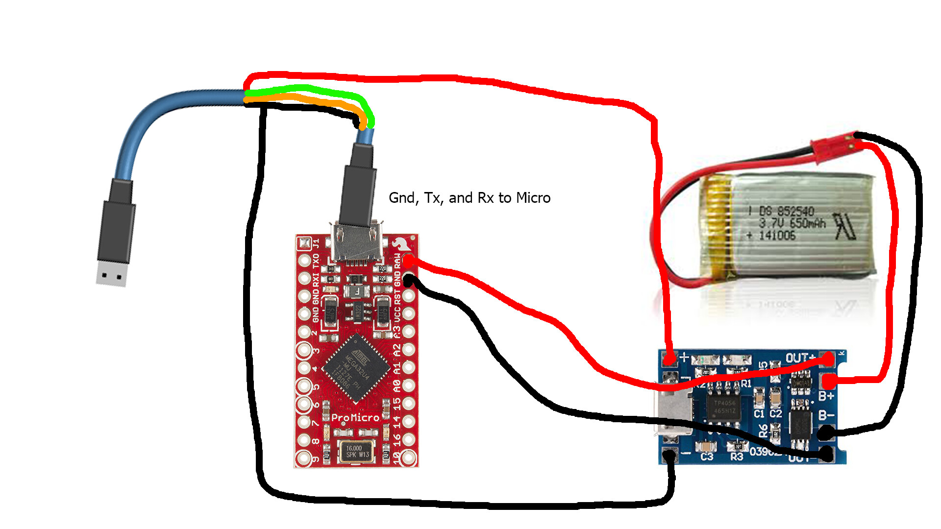 Using tp4056 to charge 3.7v battery that powers Arduino Micro Project