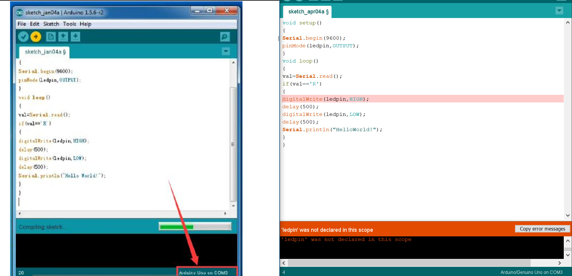 How do I fix the error that says 'ledpin' was not declared in this