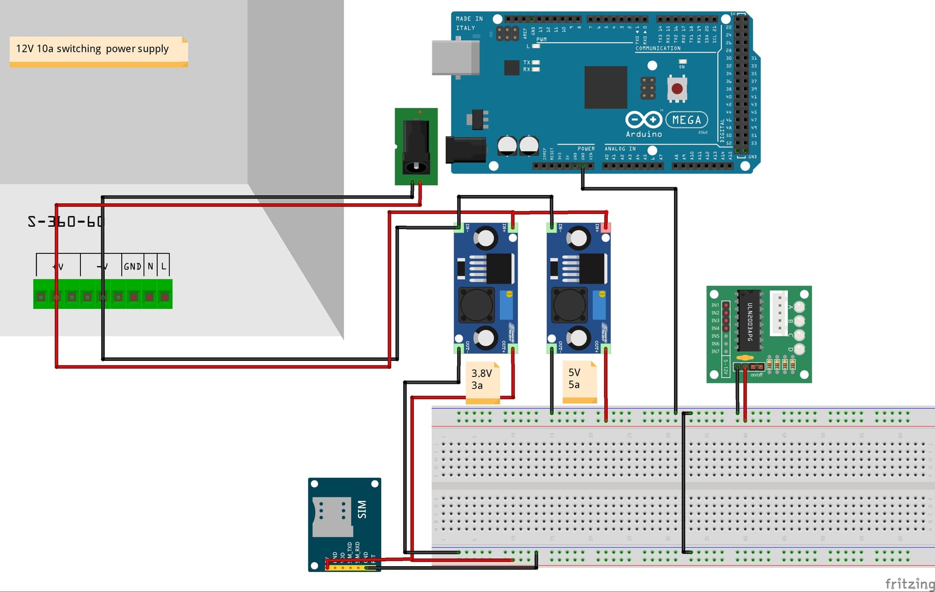 Power issue using Arduino Mega, 12v Swtiching power supply and buck